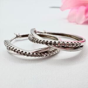 SUN 925 Sterling Silver Diamond Twisted Hoop Earrings Signed Tested Classic